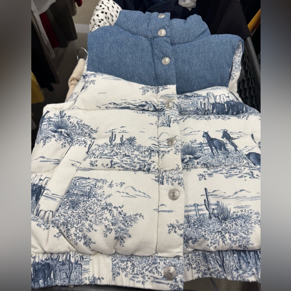 Blue and White Printed Puffer Vest